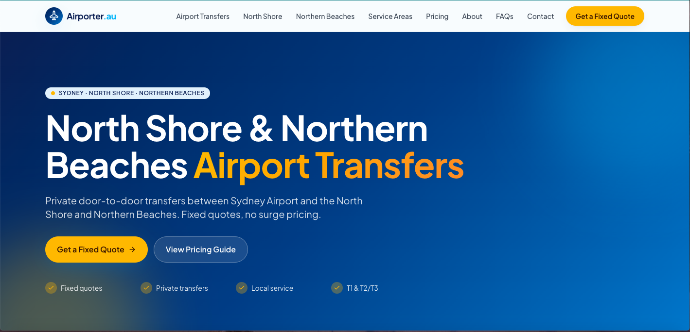 Airporter.au homepage screenshot showing private Sydney airport transfer website.